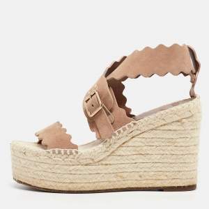 Chloe Beige Suede Laurena Scalloped Wedge Sandals Size 37