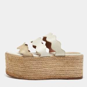 Chloe White Leather Suede Espadrille Platform Sandals Size 35