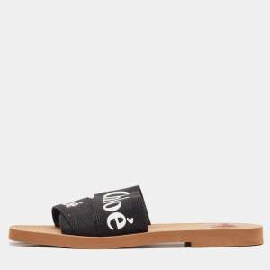 Chloe Black Logo Canvas Woody Flat Slides Size 42