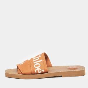 Chloe Brown Logo Canvas Woody Flat Slides Size 40