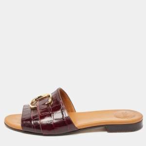Chloe Burgundy Croc Embossed Leather C Logo Flat Slides Size 40