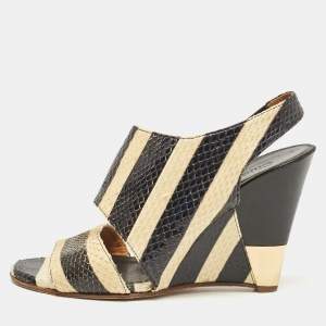 Chloe Black/Yellow Striped Python Ayers Wedge Sandals Size 37.5
