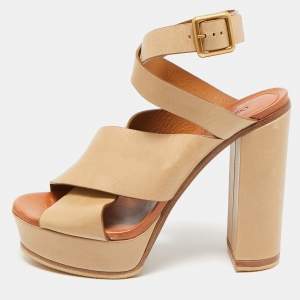 Chloe Beige Leather Platform Ankle Strap Sandals Size 39