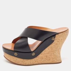 Chloe Black Leather Cork Wedge Sandals Size 38