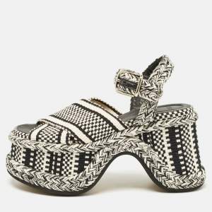 Chloe Black/White Fabric Printed Braided Accents Block Heel Sandals Size 37