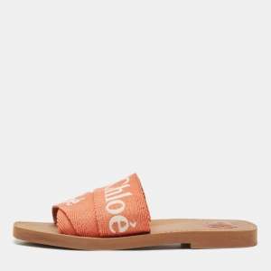 Chloe Orange Logo Canvas Woody Flat Slides Size 40