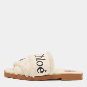 Chloe White Canvas and Shearling Woody Flat Sandals Size 37