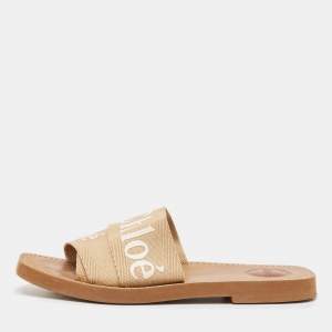 Chloe Beige Canvas Woody Flat Slides Size 38