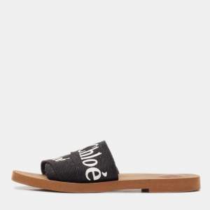 Chloe Black Canvas Embroidered Logo Woody Flat Slides Size 39