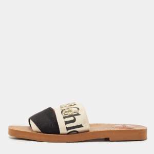 Chloe White/Black Canvas Woody Slide Flats Size 36
