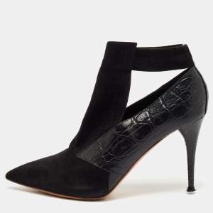 Chloe Black Croc Embossed Leather and Suede Ankle Length Boots Size 36
