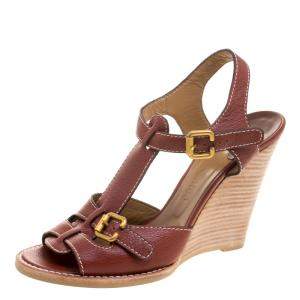 Pre Owned Chloe Brown Leather Wooden Wedge Sandals Size 40.5