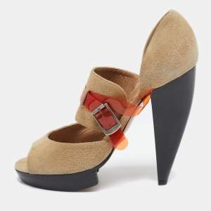 Chloe Beige/Orange  Suede and PVC Cross Strap Pumps Size 37