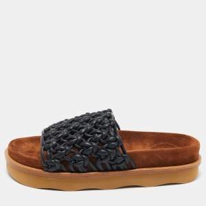 Chloe Black/Brown Leather and Suede Wavy Slide Flats Size 36