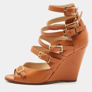 Chloe Brown Leather Strappy Buckle Wedge Sandals Size 36.5