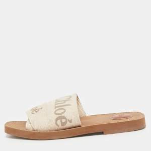 Chloe Beige Canvas Logo Ribbon Woody Flat Slide Sandals Size 37