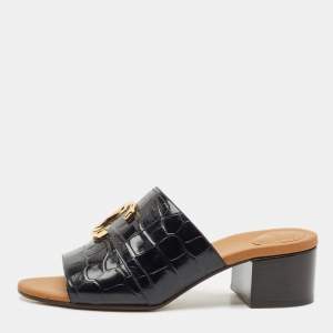 Chloe Black Croc Embossed Leather  C Logo Mules Size 40