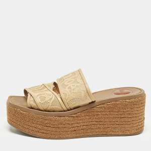Chloe Beige Canvas Logo Print Woody Wedge Platform Slide Sandals Size 39