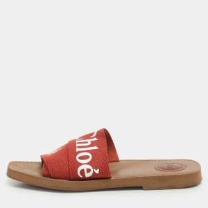 Chloe Burgundy Logo Print Canvas Woody Flat Slides Size 39