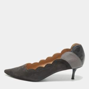 Chloe Grey/Black  Lizard Embossed Leather and Suede Scalloped Pointed Toe Pumps Size 40.5