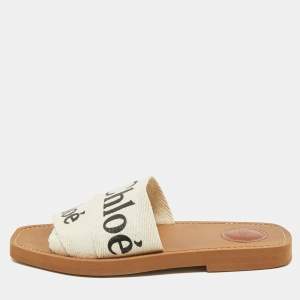 Chloe Off White Logo Print Canvas Woody Flat Slides Size 37