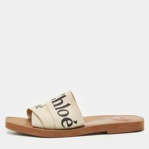 Chloe Off White Logo Print Canvas Woody Flat Slides Size 38