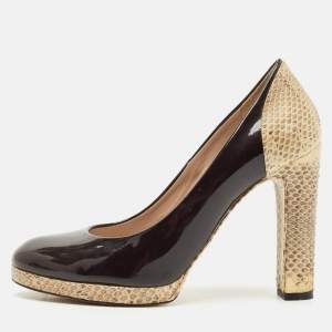 Chloe Black/Beige Patent Leather and Snakeskin Round Toe Pumps Size 36