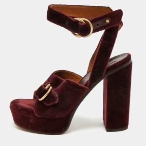 Chloe Burgundy Velvet T Chunky High Heel Ankle Strap Sandals Size 36