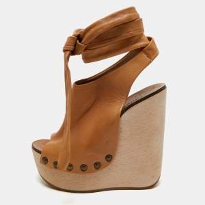 Chloe Tan Leather Ankle Wrap Platform Wedge Sandals Size 36