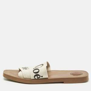 Chloe Off White Logo Print Canvas Woody Flat Slides Size 42