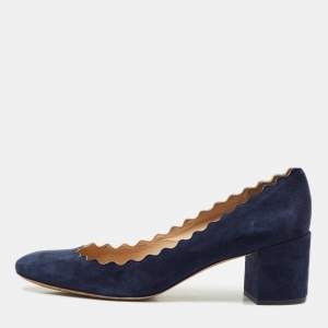 Pre Owned Chloe Navy Blue Scalloped Suede Lauren Pumps Size 38.5