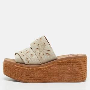 Chloe Beige/Brown Embroidered Canvas Woody Platform Espadrille Sandals Size 38