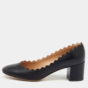 Chloe Black Leather Lauren Scallop Trim Block Heel Pumps Size 36.5