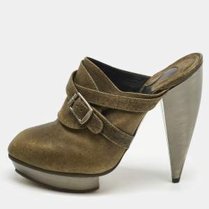 Pre Owned Chloé Green Leather Buckle Clogs Size 37