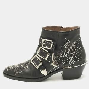Pre Owned Chloe Black Leather Susanna Ankle Length Boots Size 37
