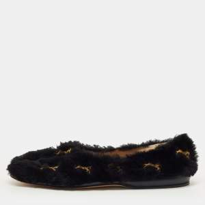 Pre Owned Chloe Black Fur Horse Embroidered Ballet Flats Size 37