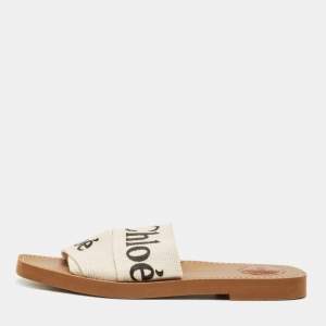 Pre Owned Chloe Cream Canvas Logo Woody Flat Slide Size 38