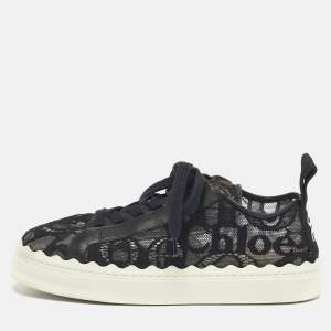 Pre Owned Chloe Black Lace and Leather Lauren Platform Low Top Sneakers Size 41