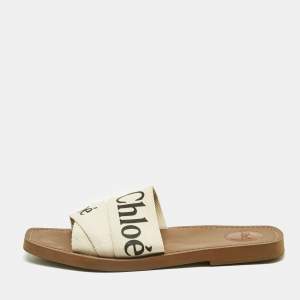 Pre Owned Chloe White Fabric Woody Flat Slides Size 41