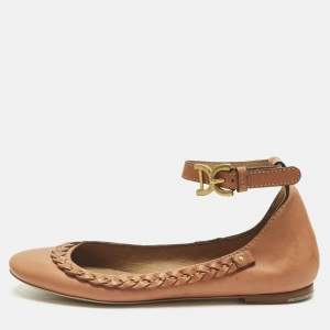 Pre Owned Chloe Brown Leather Braided Cuff Ballet Flats Size 37