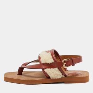 مملوكة مسبقًا Chloé Woody Size 36 Brown/Beige Leather and Shearling Fur Thong Slingback Flat Sandals