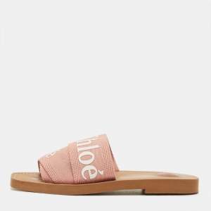 Pre Owned Chloé Woody Size 37 Pink Canvas Flat Slide