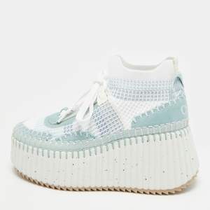 مملوكة مسبقًا Chloe Nama Size 36 Blue/White Knit Fabric and Suede Wedge Sneakers