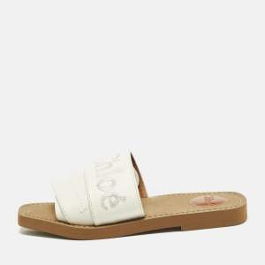 Pre Owned Chloe Woody Size 37 White Leather Logo Embroidered Flat Slide
