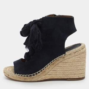 Pre Owned Chloe Harper Size 35 Blue Suede Lace Up Wedge Sandals