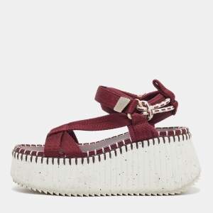 مملوكة مسبقًا Chloe Nama Size 37 Burgundy Fabric Platform Sandals