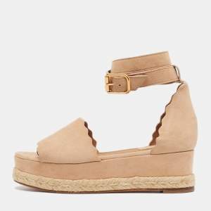 Pre Owned Chloe Laurena Scalloped Size 37 Beige Suede Wedge Sandals