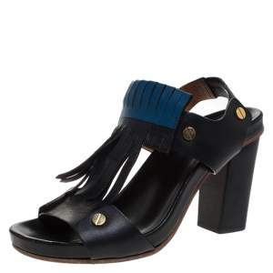 Chloe Black Leather Fringes Block Heel Sandals Size 39.5