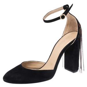 Chloe Black Suede Bead Embellished Block Heel Ankle Strap Liv D'orsay Pumps Size 39