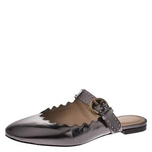 Pre Owned Chloe Metallic Grey Foil Leather Lauren Buckle Strap Flat Slides Size 36